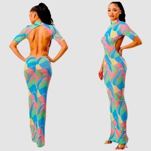 Pastel print maxi dress with open back